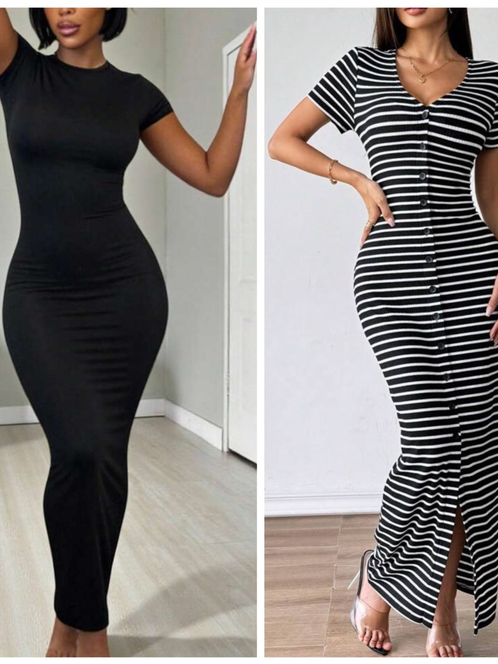 Black & Black-White Stripe Short Sleeve Maxi Dresses
